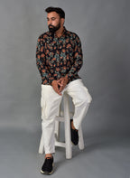 Playful Black Handblock Printed Shirt For Men