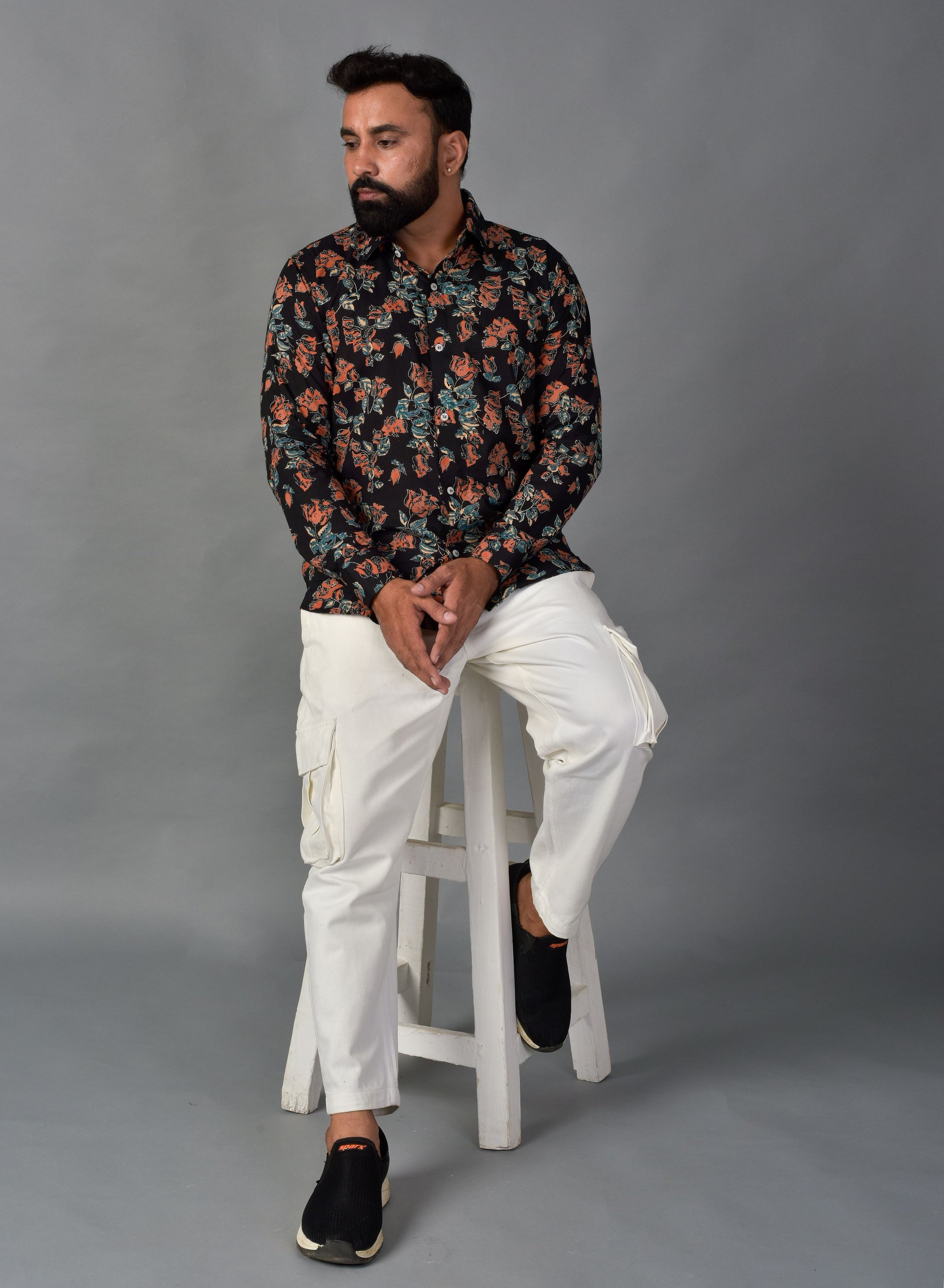 Playful Black Handblock Printed Shirt For Men